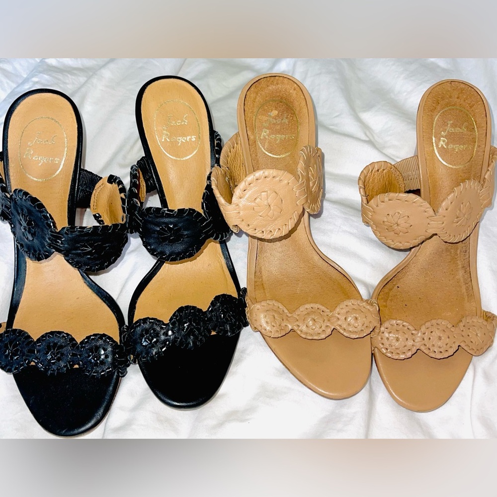 2 PAIRS OF JACK ROGERS LEATHER WEDGE HEEL SANDALS BLACK & TAN SZ 9